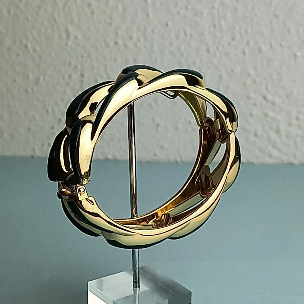 Statement Glam Chain Link Glaze Hinged Bangle Bracelet Oval Emeral Green Gold…
